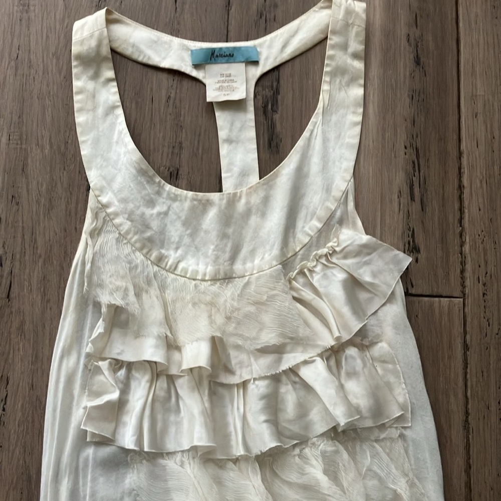 Marciano Romantic Ivory ruffled Cream Silk ruched top tunic S 90’s - Picture 10 of 10